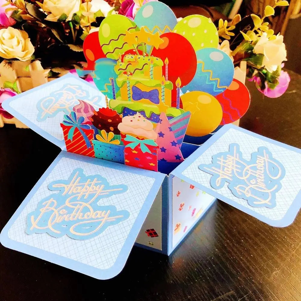 3D Pop UP Happy Birthday Greeting Invitation Cards Gift Card Thank You Flower Balloon Butterfly Vehicle Miniatures Postcard